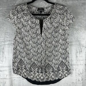 Twine & String Top Women's M Black & White Floral Print